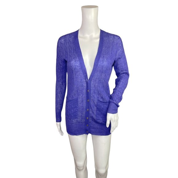 J.Crew Purple Linen Cable Knit Cardigan Sweater V-neck Gold Buttons XXS - Picture 2 of 7